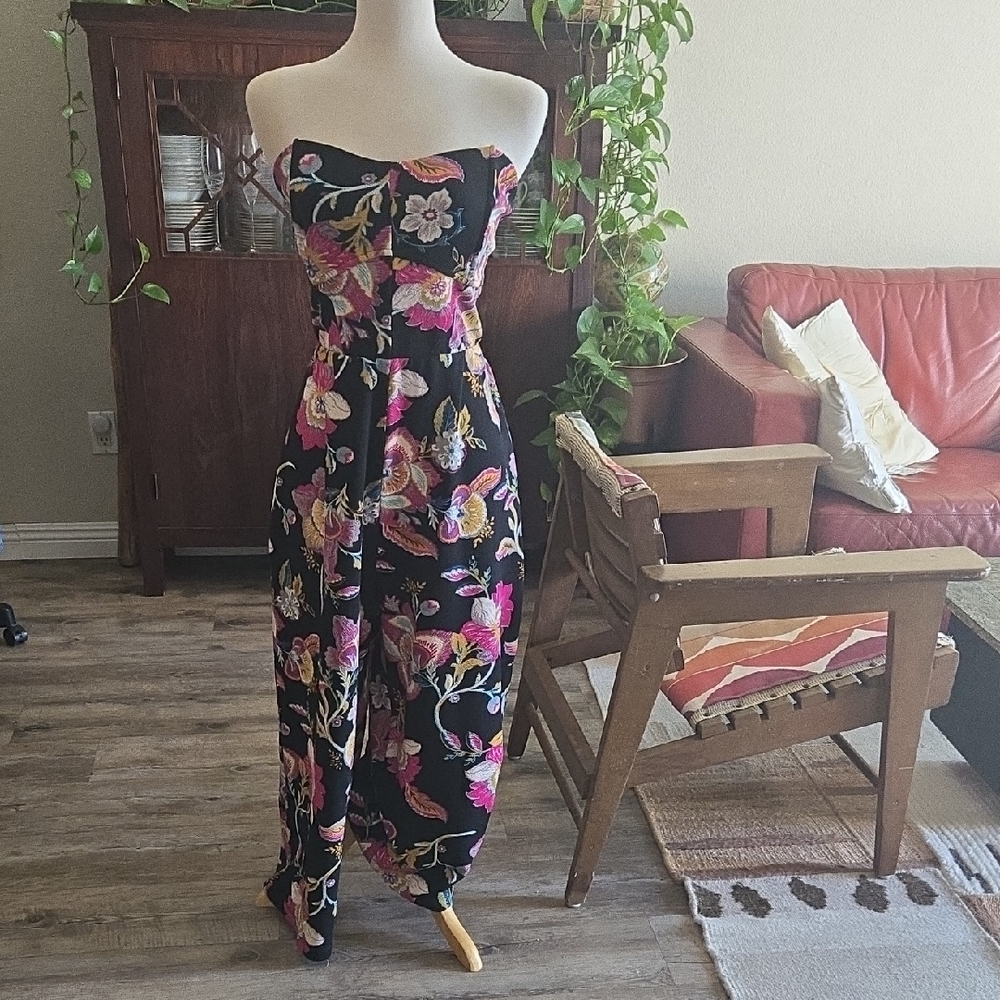 Xhilaration Black Jumpsuit with Colorful Floral Pattern